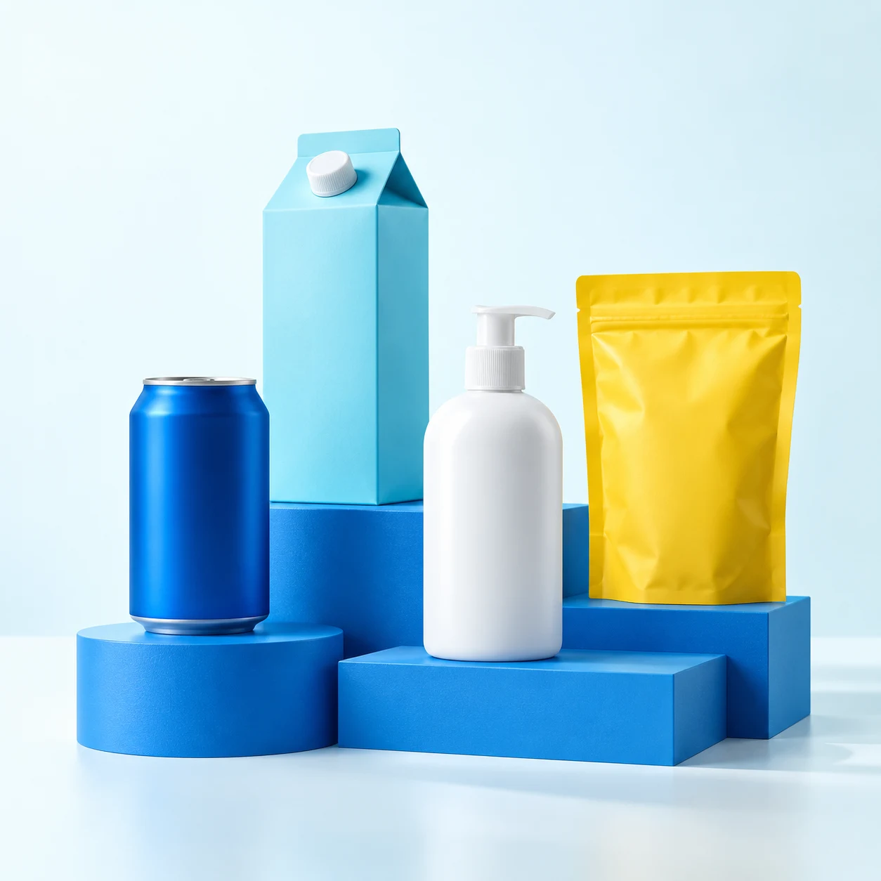Unbranded everyday products arranged on blue studio platforms